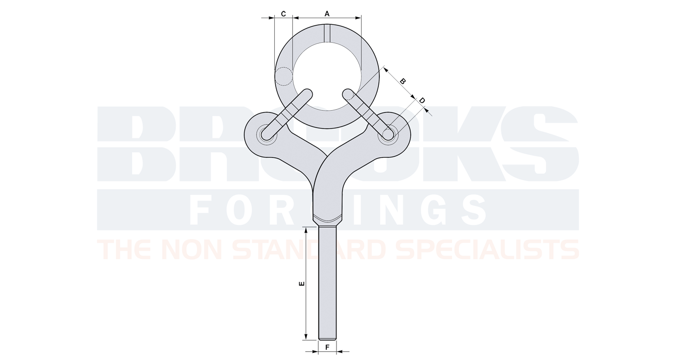 Technical dimensional diagram for Brooks Forgins Lewis lifting pins showing parts A through F
