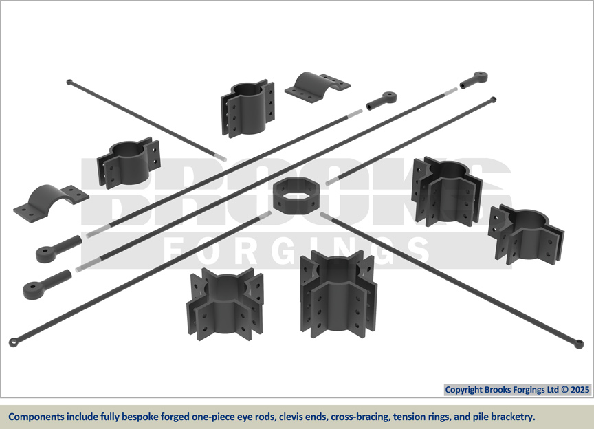 Components include fully bespoke forged one-piece eye rods, clevis ends, cross-bracing, tension rings, and pile bracketry.