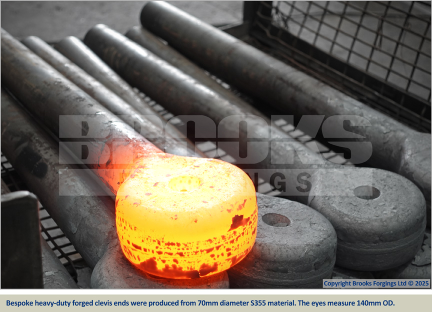 Bespoke heavy-duty forged clevis ends were produced from 70mm diameter S355 material. The eyes measure 140mm OD.