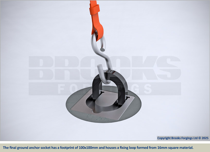 The final ground anchor socket has a footprint of 100x100mm and houses a fixing loop formed from 16mm square material. Beresford Square Market Woolwich London