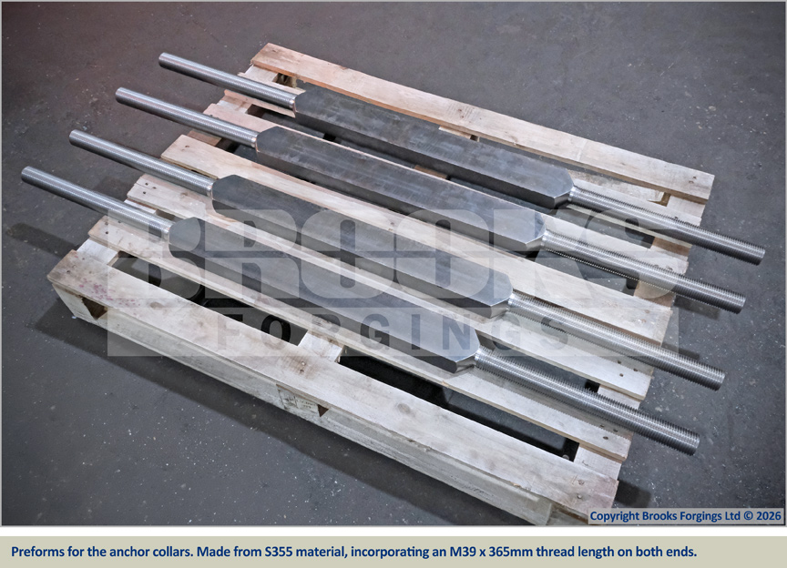 Preforms for the anchor collars. Made from S355 material, incorporating an M39 x 365mm thread length on both ends.