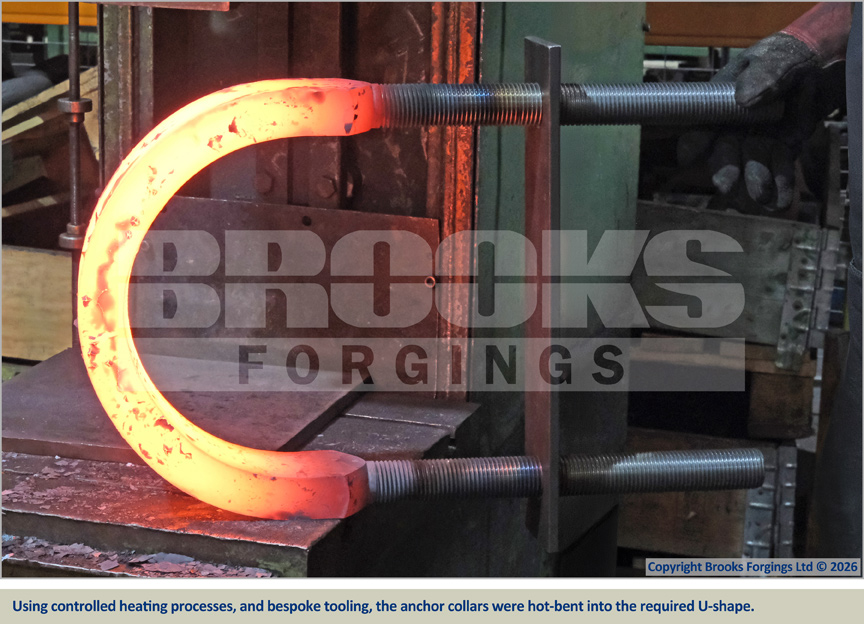 Using controlled heating processes, and bespoke tooling, the anchor collars were hot-bent into the required U-shape.