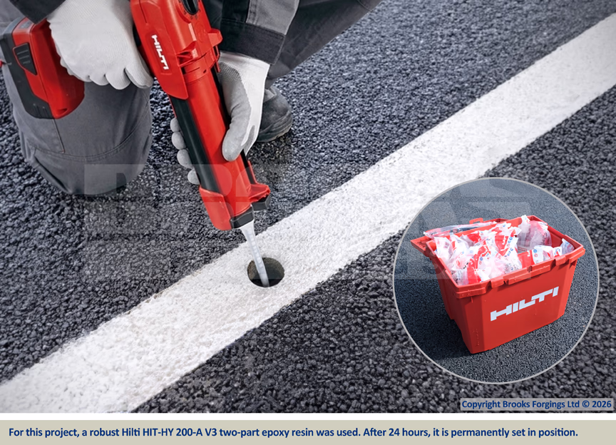 A robust Hilti HIT-HY 200-A V3 two-part epoxy resin was used. After 24 hours, it is permanently set in position