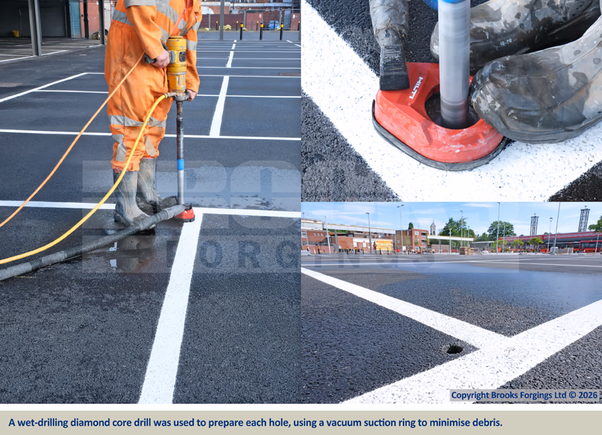 A wet-drilling diamond core drill was used to prepare each hole, using a vacuum suction ring to minimise debris