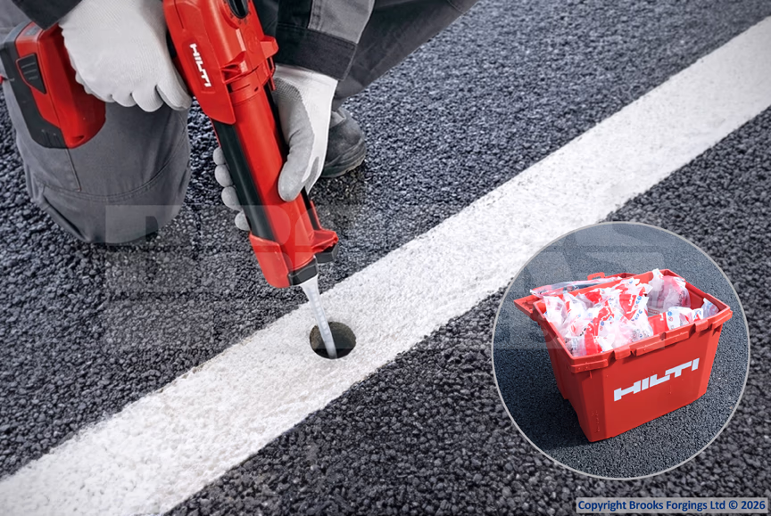 Since the market stall ground anchor is made of rebar, it can be resin-set in place using the robust Hilti HIT-HY-200-A V3 two-part epoxy resin. After 24 hours, it will be permanently fixed in position.