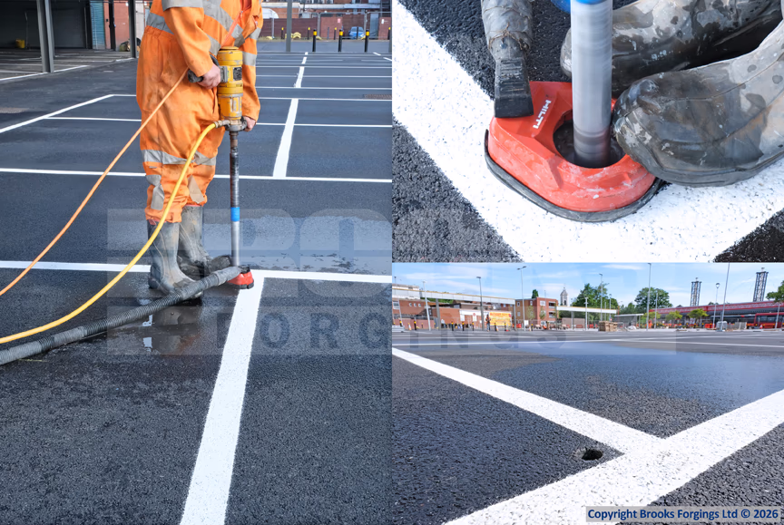 For installation, a wet-drilling core drill is utilised to prepare each hole to the correct diameter and depth. A vacuum suction ring may be employed to minimise debris.