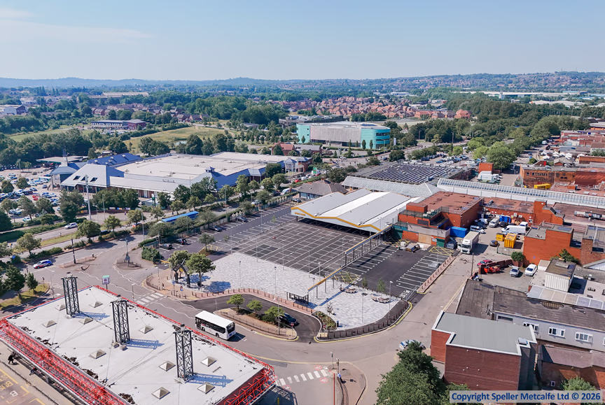 Overhead drone shot showing the &pound;8 million Bilston Market redevelopment project, successfully delivered by Speller Metcalfe.