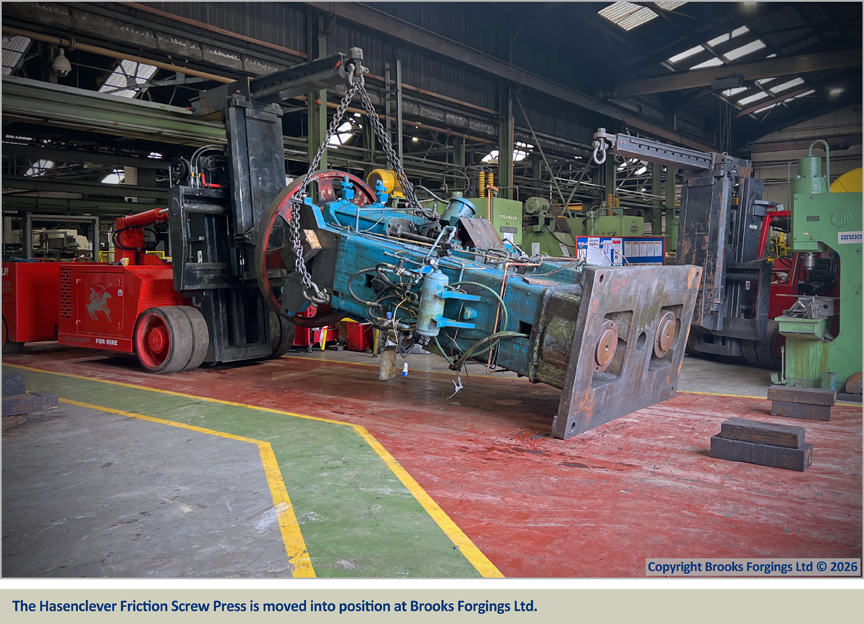 The Hasenclever Friction Screw Press is moved into position at Brooks Forgings Ltd