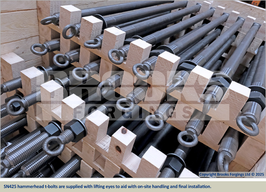 SN425 hammerhead t-bolts are supplied with lifting eyes to aid with on-site handling and final installation