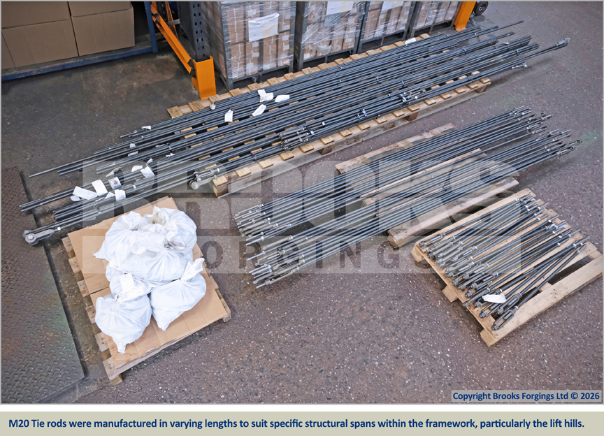 M20 Tie rods were manufactured in varying lengths to suit specific structural spans within the framework, particularly the lift hills