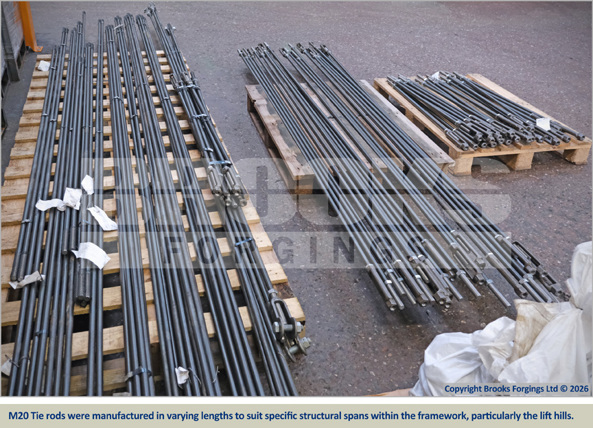M20 Tie rods were manufactured in varying lengths to suit specific structural spans within the framework, particularly the lift hills
