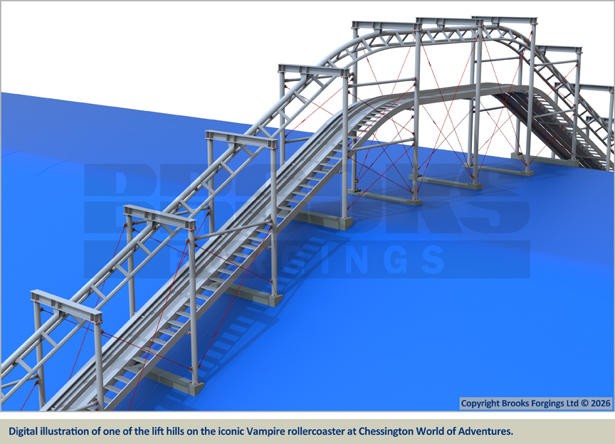 Digital illustration of one of the lift hills on the iconic Vampire rollercoaster at Chessington World of Adventures
